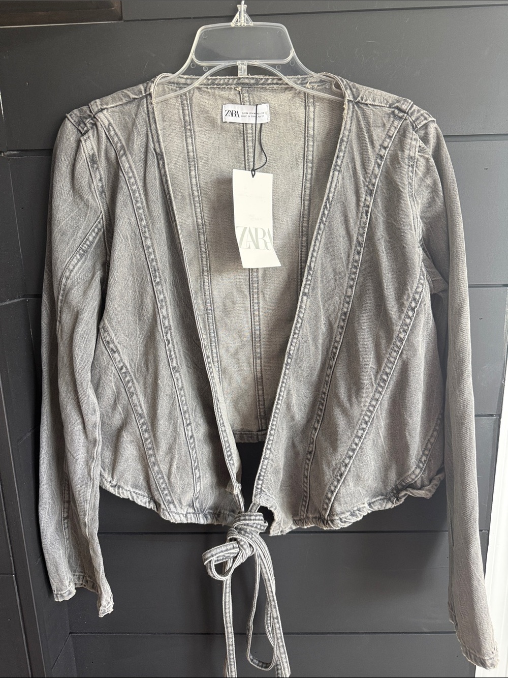 Zara Washed Distressed Look Gray Tie-Front Denim Jacket